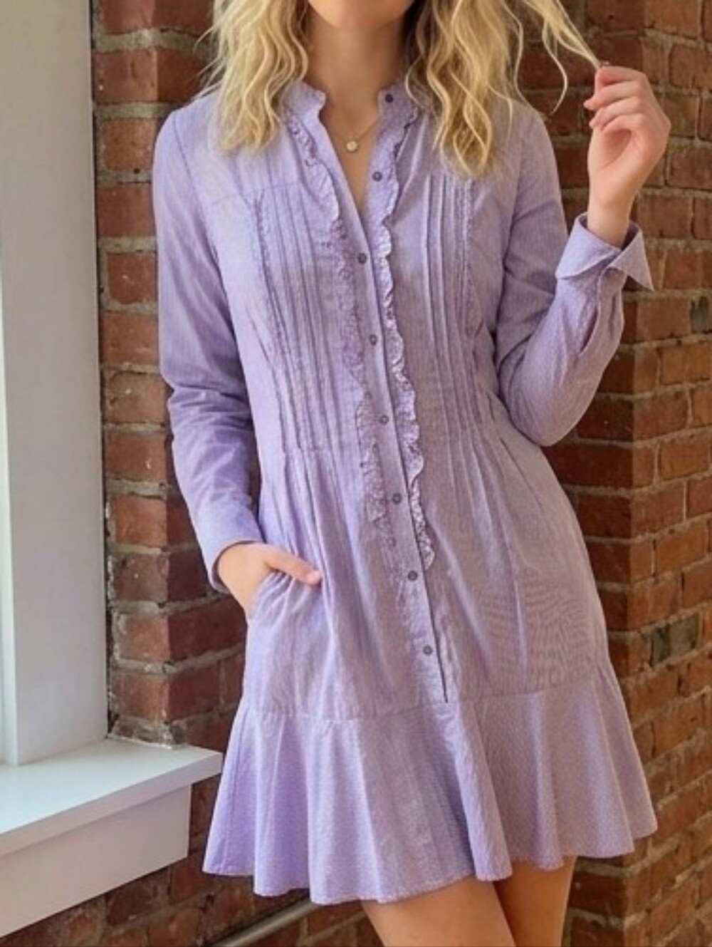 NEVER WORN ECI Pinstriped Button-Front Ruffle Hem Dress + Pockets Size Sz 14